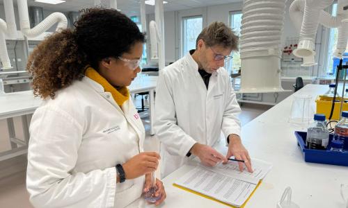 studerende og underviser i praktisk undervisningssituation i laboratorium